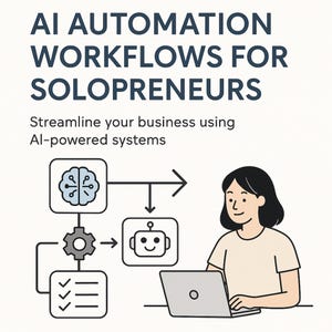 May include: Illustration of a workflow for automating business tasks using AI. A brain icon connected to a gear icon, which is connected to a robot icon. A woman is sitting at a laptop, representing a solopreneur using AI automation.