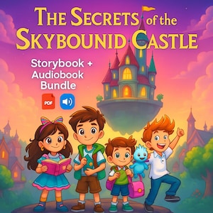 May include: An illustrated book cover for "The Secrets of the Skybound Castle" storybook and audiobook bundle. The image features four children, a floating castle, and the text "Storybook + Audiobook Bundle". The background is a colorful sky.