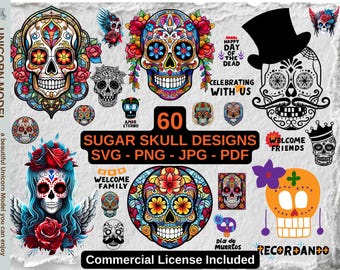 60 Day of the Dead suikerschedelontwerpen – svg, png, jpg, pdf (commerciële licentie)
