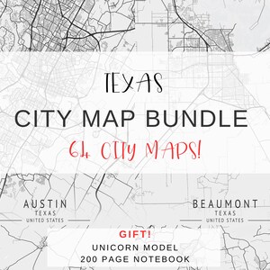 Pacote de mapas da cidade do Texas | 64 mapas de arte de parede para impressão para decoração de casa ⎥ Pacote de arte de parede⎥ Mapa da cidade para impressão