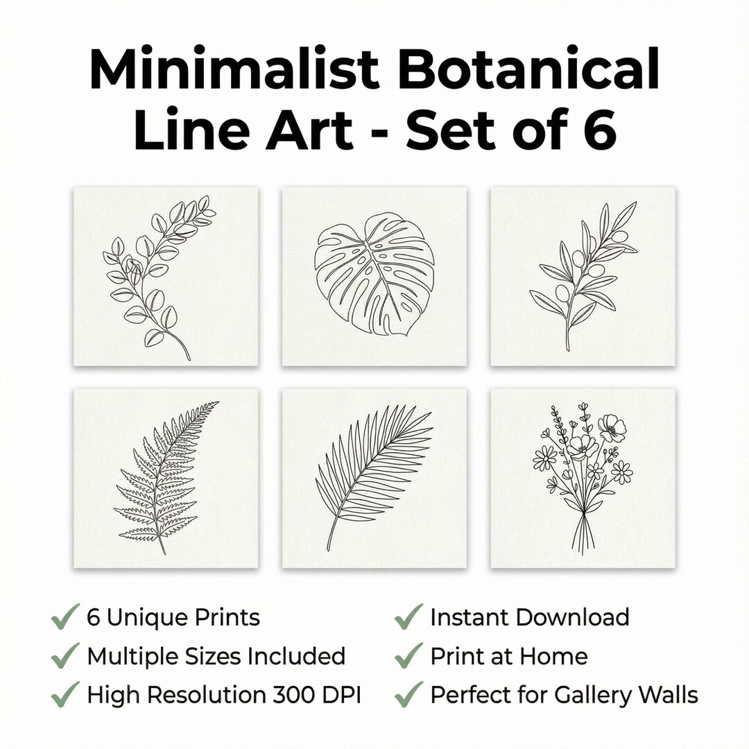 Set of 6 Minimalist Botanical Line Art Prints (digital Download) - Etsy