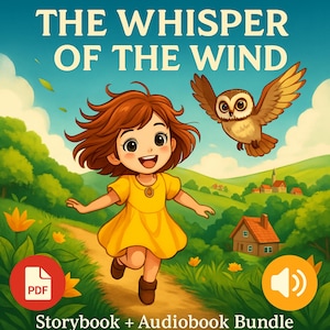 Könnte beinhalten: Digitale Illustration für ein Kinderbuch mit dem Titel "Das Flüstern des Windes". Das Bild zeigt ein Mädchen in einem gelben Kleid, das rennt, eine Eule und eine Landschaft mit einem Haus. Der Text "Storybook + Audiobook Bundle" ist ebenfalls vorhanden.