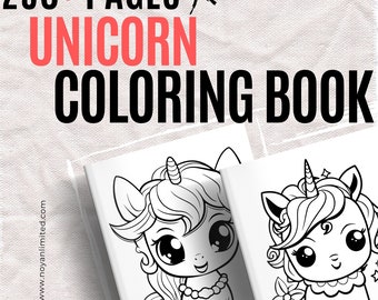 Puede incluir: Portada de libro para colorear en blanco y negro con dos ilustraciones de unicornios lindos. El texto de la portada dice "250+ PAGES X UNICORN COLORING BOOK".