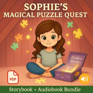 May include: Illustration of a girl with brown hair and green eyes, sitting in front of a purple treasure chest with the words "Hidden Garden". The image includes puzzle pieces, stars, and the text "Sophie's Magical Puzzle Quest" and "Storybook + Audiobook Bundle".