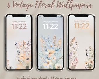 May include: Six vintage floral phone wallpapers with a watercolor style. Each wallpaper features a different arrangement of flowers and foliage in shades of blue, pink, and beige. The phone screen displays the date and time, "Monday, 19 February 11:22".
