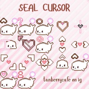 May include: A digital pixel art set titled SEAL CURSOR featuring white seal characters, brown heart outlines, pink circles, and various arrow icons. The collection includes multiple seal poses, heart shapes, and crosshairs on a light pink striped background.