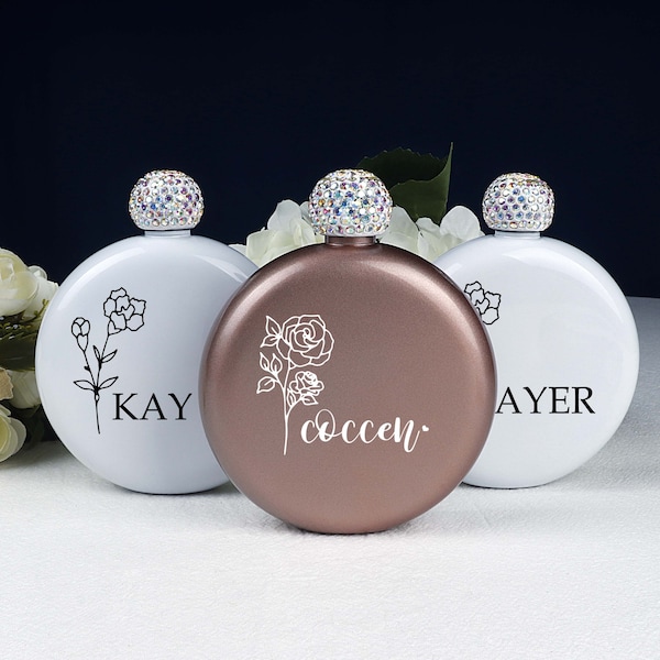 Personalized Round Flasks with Birth Flower for Bridesmaid Gifts, Bridesmaid Proposal, Wedding Party Favors, Flask for Women