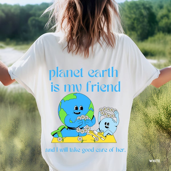 Retro Earth Cotton Tee - Planet earth is my friend, Unite for Nature's Care! Available from XS - 5XL & many colors, inclusive unisex fit