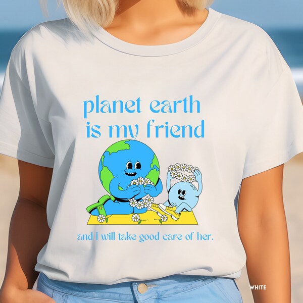 Retro Earth Cotton Tee - Planet earth is my friend, Unite for Nature's Care! Available from XS - 5XL & many colors, inclusive unisex fit