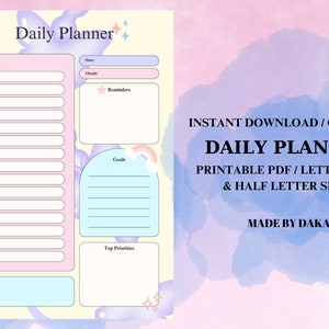 Planificador diario digital en formato PDF, imprimible, tamaños A4/A3/carta/media carta, diseño atractivo con secciones de cronograma, objetivos, recordatorios y prioridades