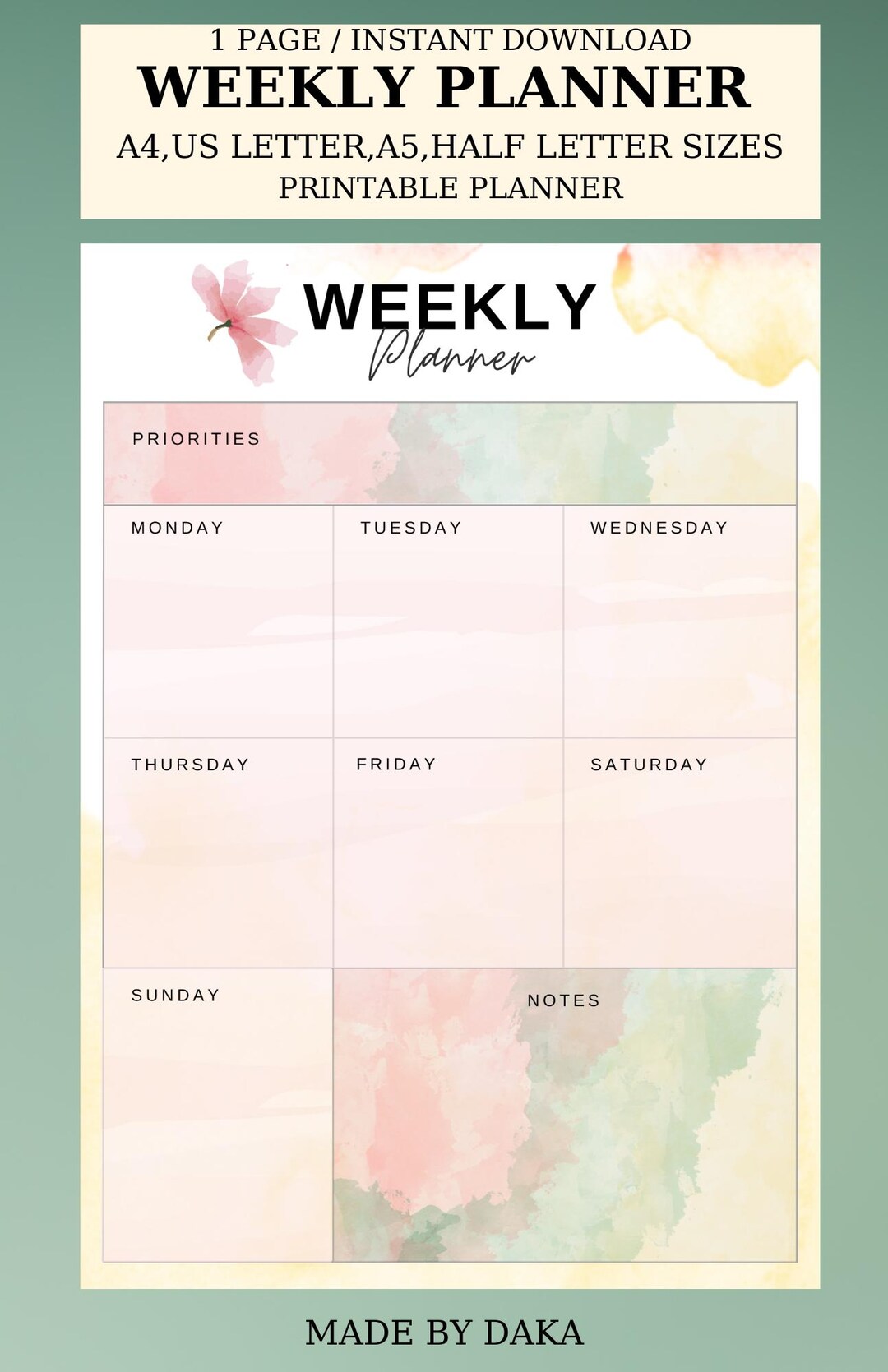 Weekly Planner: Printable and Fillable PDF in A4, A5, Letter & Half ...