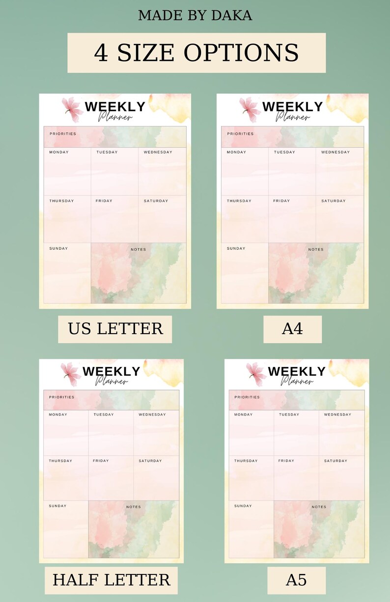 Weekly Planner: Printable and Fillable PDF in A4, A5, Letter & Half ...