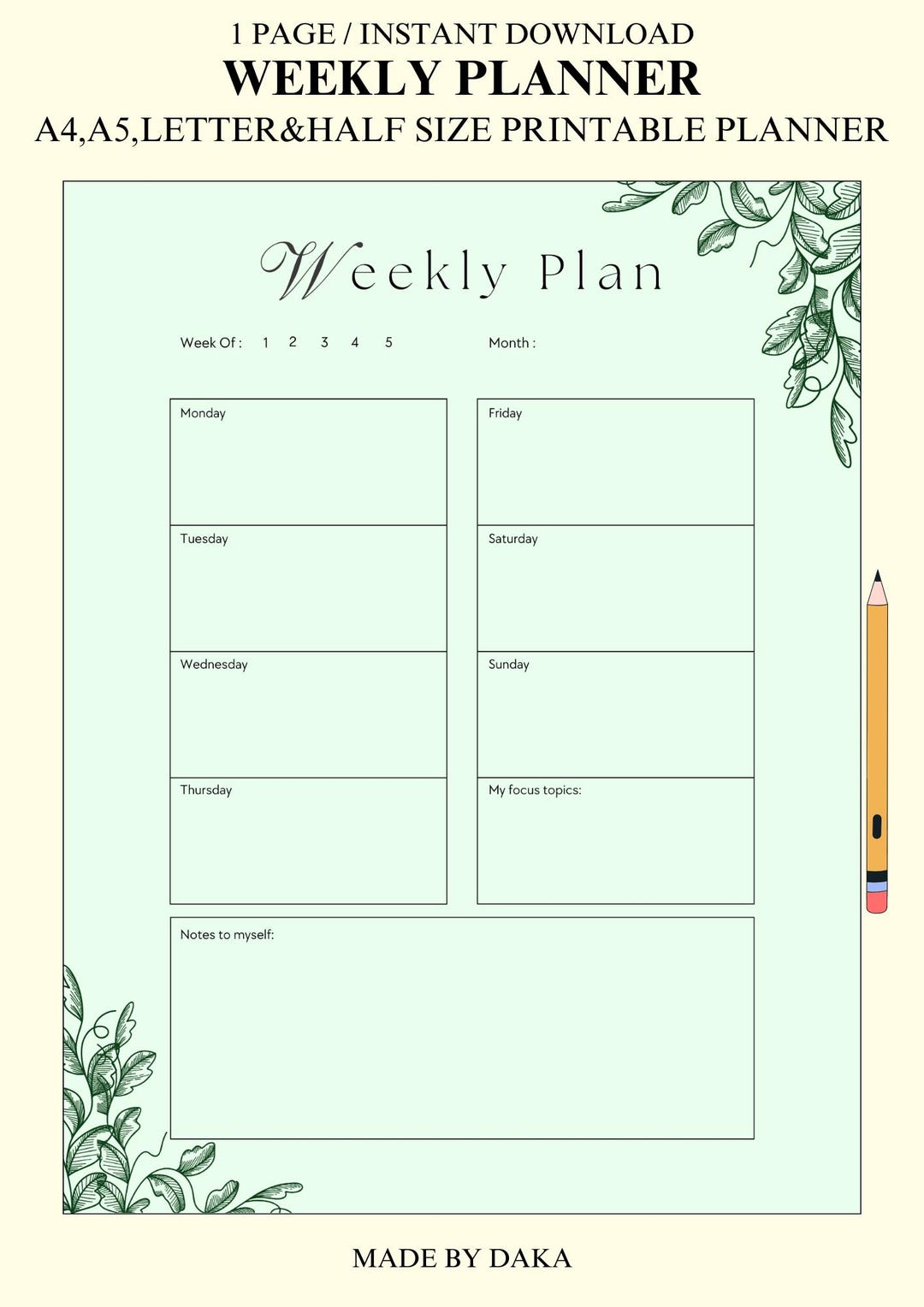 Weekly Planner: Printable and Fillable PDF in A4, A5, Letter & Half ...
