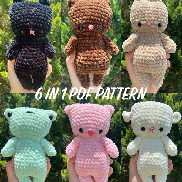 6 in 1 PDF Crochet Animal Plushies Pattern (cat, bear, bunny, frog, pig and sheep)