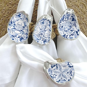 Chinoiserie Oyster Shell Napkin Rings: Coastal Jute Sealife Set, Beach ...