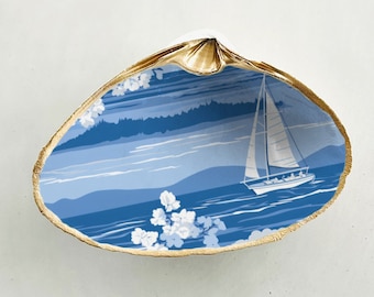Handcrafted Clam Shell Ring Dish: Nauti Blue Beach Decor