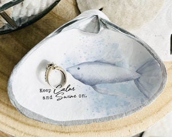 Handcrafted Clam Shell Ring Dish: Blue Watercolor Fish, Beach Wedding Favor