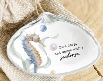 Seahorse Watercolor Clam Shell Ring Dish, Beach Wedding Favor