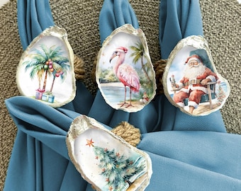 Beachy Christmas Oyster Shell Napkin Rings: Coastal Holiday Table Decor