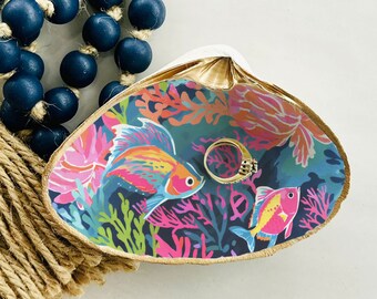 Tropical Fish Clam Shell Ring Dish: Beach Coastal Decor