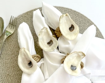 Oyster Shell Jute Napkin Rings: Coastal Beach Table Decor