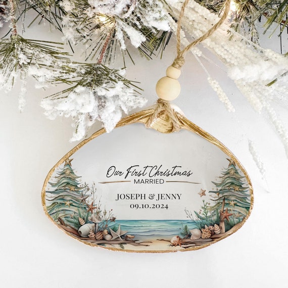 First Christmas Married Christmas Ornament in a Shell, Couples First Christmas Wedding Gift, Beach Themed Ornament, Oyster Shell Ornament