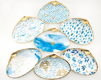 Handcrafted Clam Shell Ring Dish: Blue, White & Gold Coastal Decor
