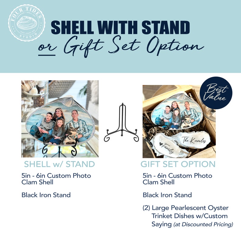 May include: Two options for a custom photo clam shell: a 5-6 inch shell with a black iron stand or a gift set with two pearlescent oyster trinket dishes with custom sayings.