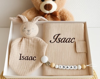 Set regalo personalizzato in garza di cotone per neonati – Include copertina per libretto sanitario, peluche e clip per ciuccio – Regalo unisex per neonati – Ricamo o floccaggio