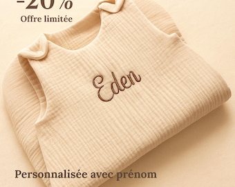 Gigoteuse bébé personnalisée – Turbulette 0-6 mois – Cadeau naissance mixte – Prénom brodé ou flocage – Gaze de coton Oeko Tex