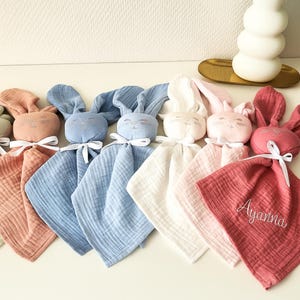 Embroidered cotton gauze rabbit comforter/ Personalized birth gift Baby name comforter Birth gift for girl or boy