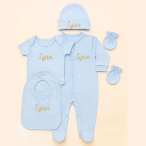 Personalized 5-Piece Baby Set – Hat, Pajamas, Bodysuit, Bib, Gloves Embroidery or Flock – 0-3 Months – Cotton or Velvet Birth Gift