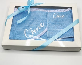 Personalized baby bath cape, glove and personalized box, baby bath outing gift birth gift pleasure of offering party event