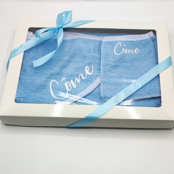 Cape de bain bébé personnalisé, gant et boîte personnalisé,sortie de bain bébé cadeau cadeau naissance plaisir d'offrir événement fête