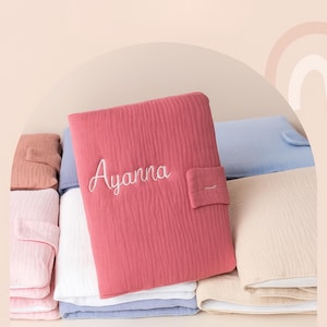 Personalized health record cover – Embroidered cotton gauze – Baby birth gift Gift idea for a girl or boy