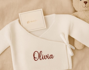 Brassière bébé personnalisée 0-3 mois – Tricot coton fait main – Prénom brodé – Naissance, Baby Shower, Cadeau personnalisé – Blanc ou beige