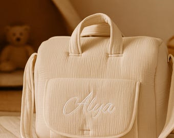 Bolso cambiador de gasa de algodón o estampado safari – personalizable con nombre – flocado o bordado – bolso suave para bebé y maternidad