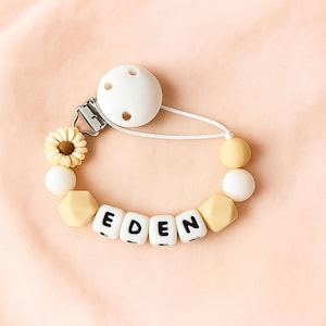 Personalized silicone pacifier clip - beige, brown and white - Personalized baby gift - Pacifier clip with first name