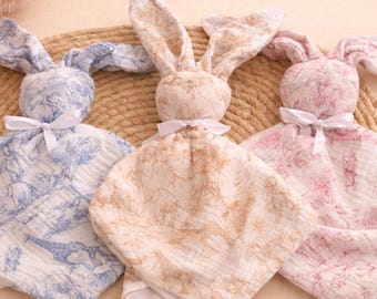 Cotton gauze bunny or safari muslin comforter. Personalized baby gift for a girl or boy. Baby comforter with embroidered or flocked name.