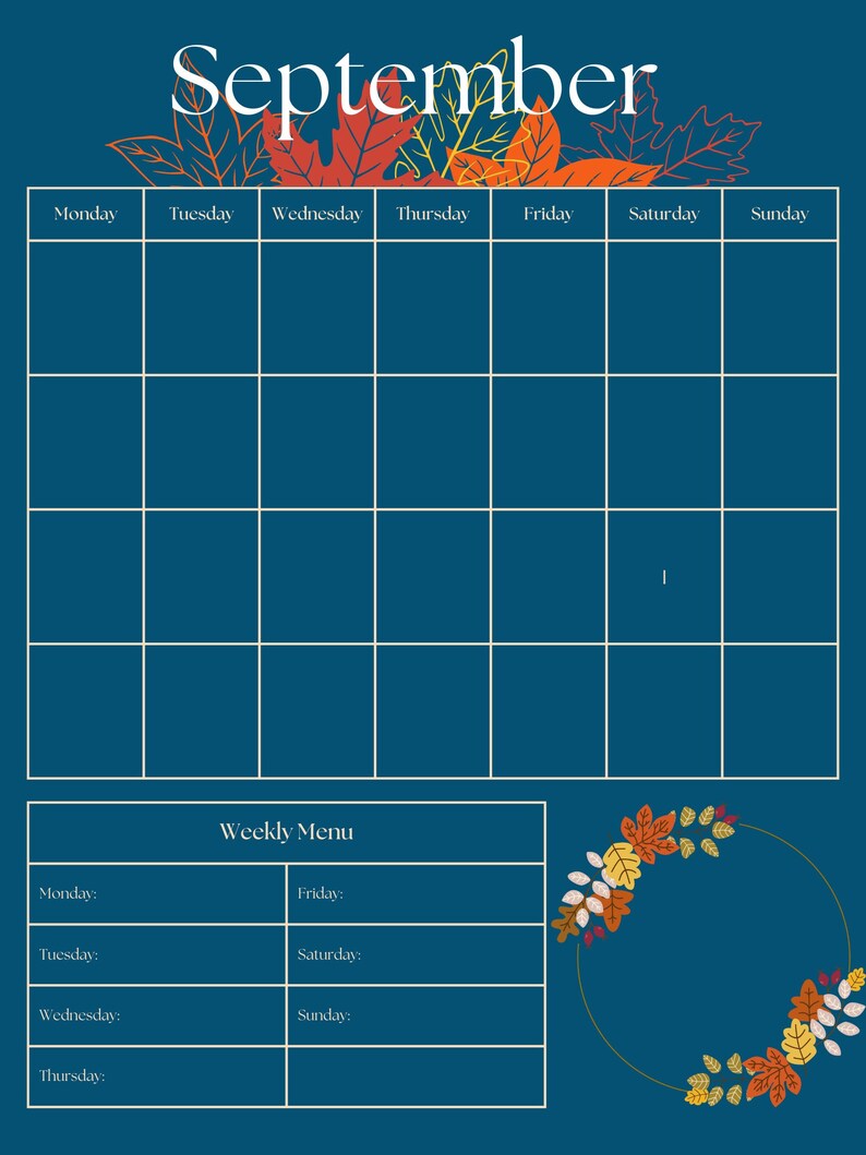 September Calendar Template Etsy