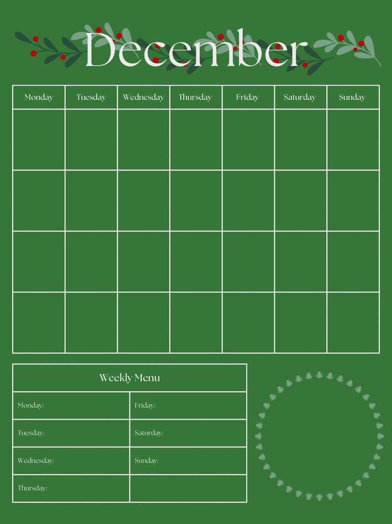 December Calendar Template Etsy