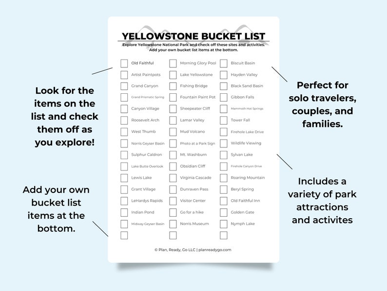 Mockup of the Yellowstone Bucket List on a light blue background. Look for the items on the list and check them off. Print in color or in black and white. Easy to download and print as many copies as you'd like.