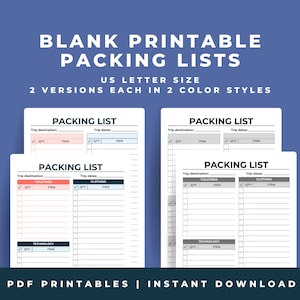 Image showing four different blank packing list printables. Blank packing lists. US letter size. Two versions each in two color styles. PDF printables. Instant download.