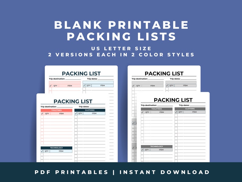 Image showing four different blank packing list printables. Blank packing lists. US letter size. Two versions each in two color styles. PDF printables. Instant download.