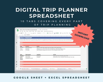 Digital Trip Planner Google Sheet, Excel Spreadsheet Travel Planner, Vacation Planner Template