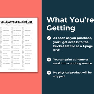 Split image showing the bucket list sheet on the left. On the right, it says what you're getting. Then there are three bullet points covering some key points from the product description.