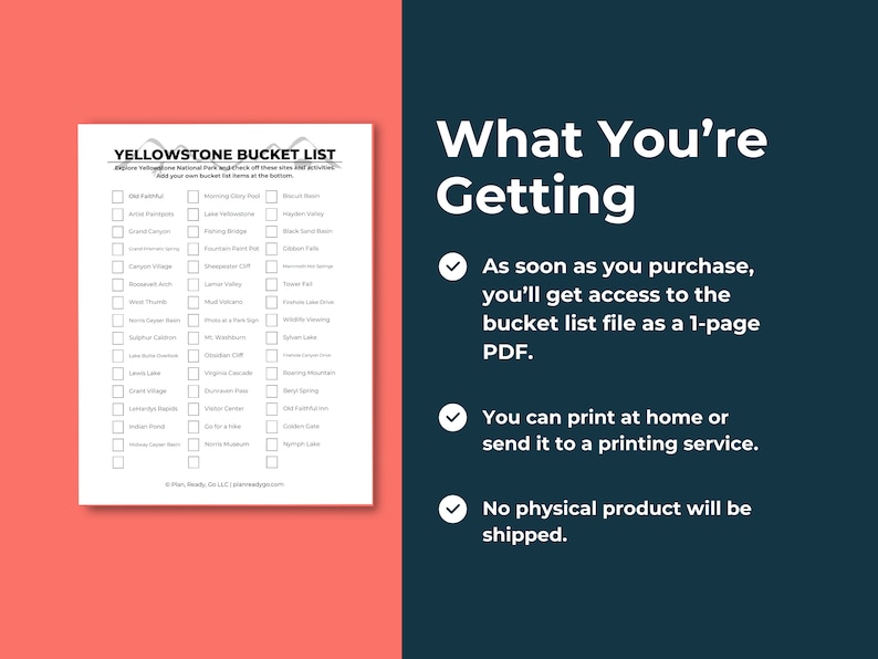 Split image showing the bucket list sheet on the left. On the right, it says what you're getting. Then there are three bullet points covering some key points from the product description.