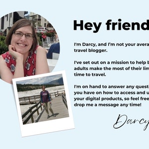 Images of the Darcy Vierow, the shop owner and product creator, with a brief bio and an invitation to message her with any questions.