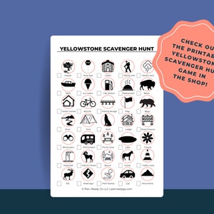 Mockup of a Yellowstone scavenger hunt game on a blue background. Check out the printable Yellowstone Scavenger hunt game in the shop/