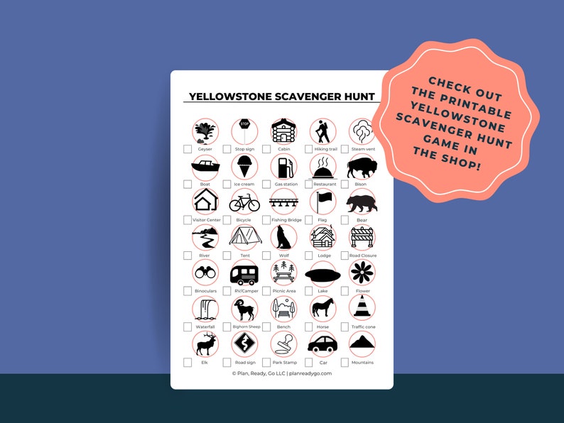 Mockup of a Yellowstone scavenger hunt game on a blue background. Check out the printable Yellowstone Scavenger hunt game in the shop/